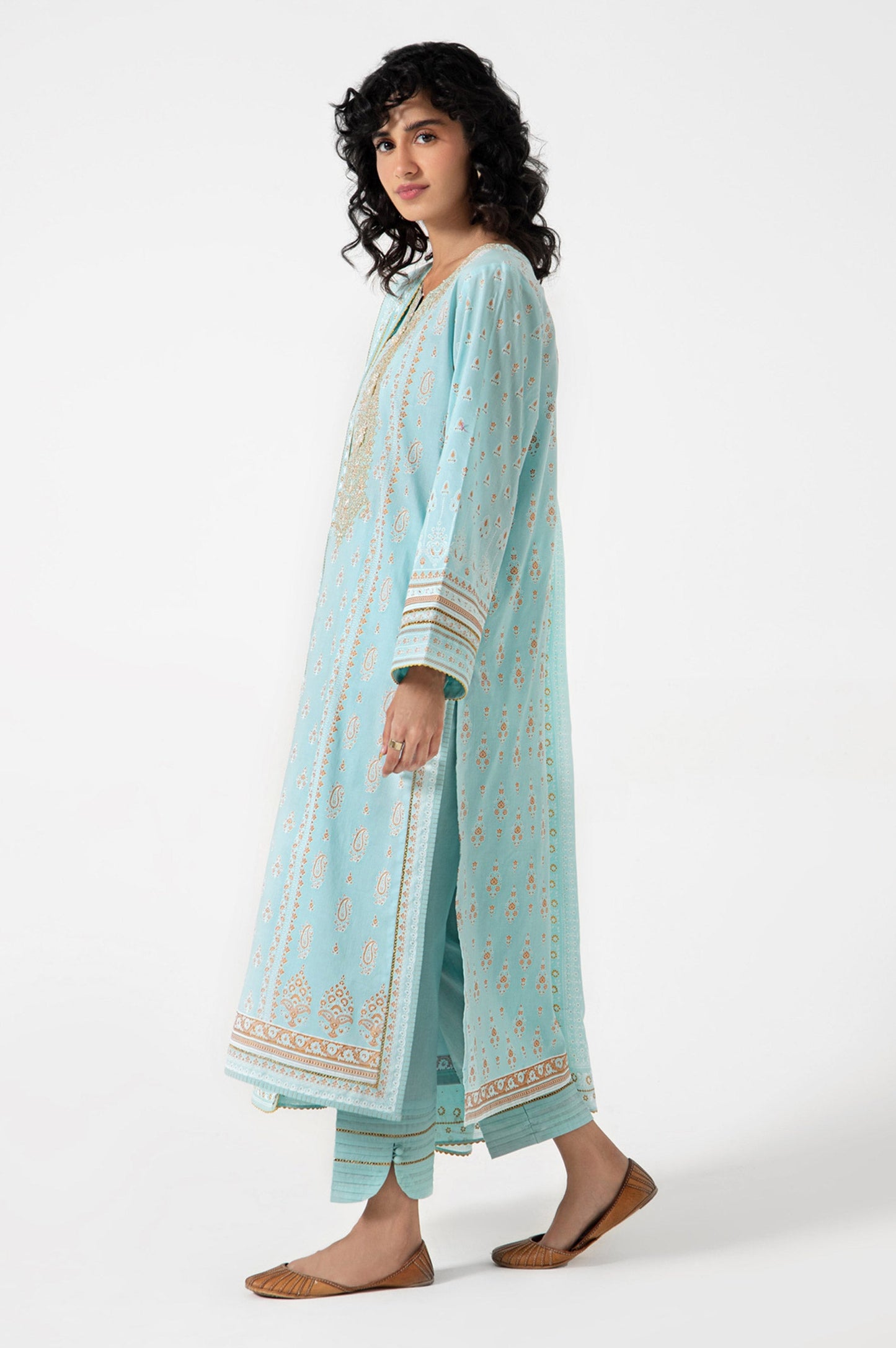 Stitched 3 Piece Gold & Colored Paste Lawn Suit