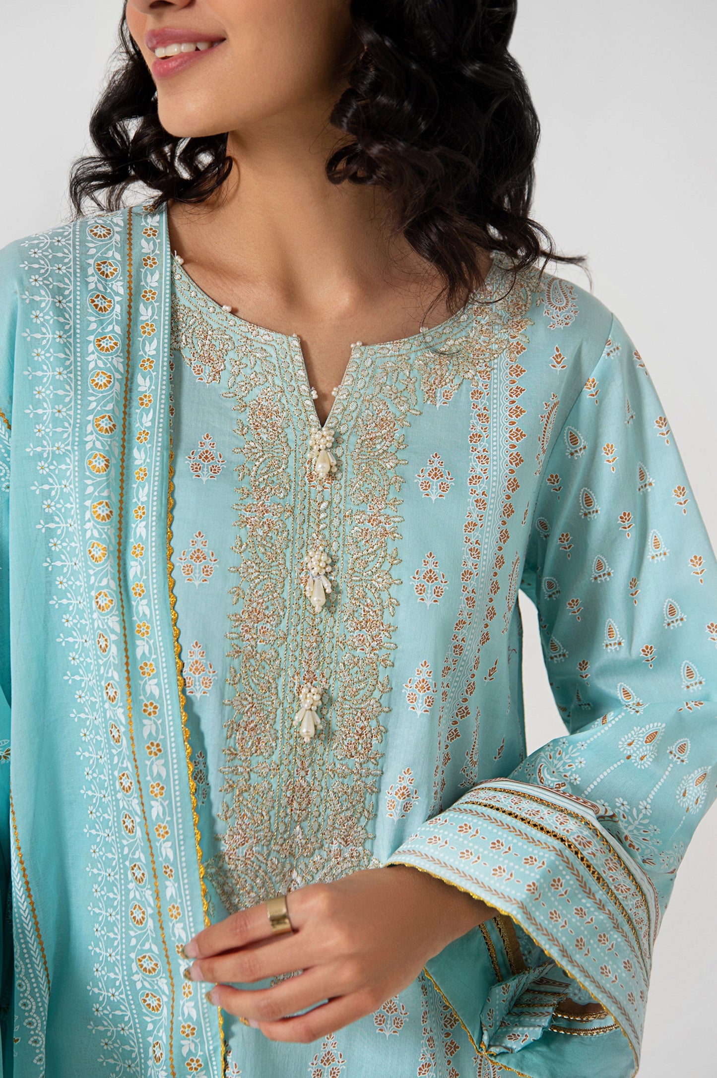 Stitched 3 Piece Gold & Colored Paste Lawn Suit