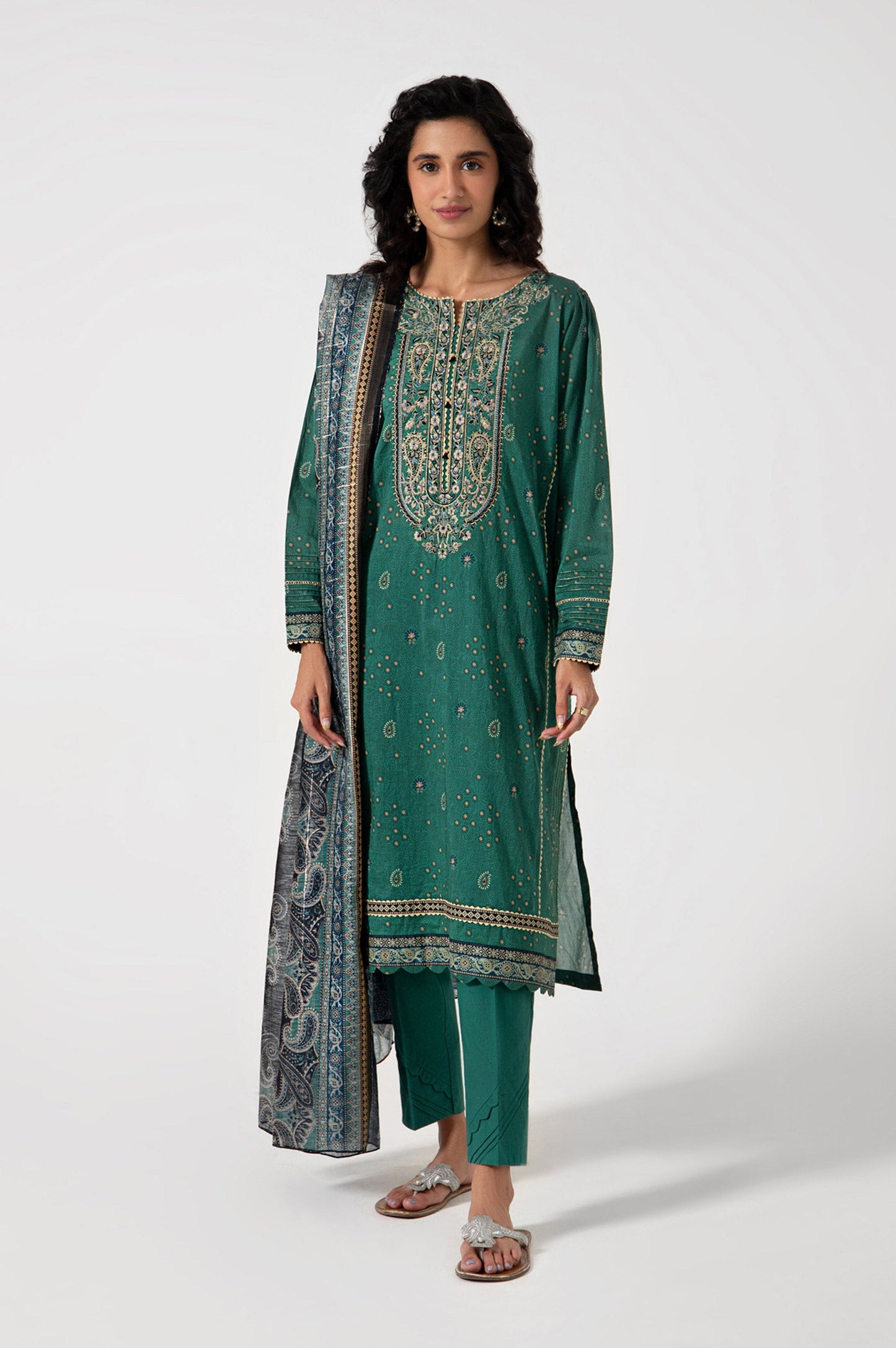 Stitched 3 Piece Embroidered Lawn with Checkered Lurex Suit