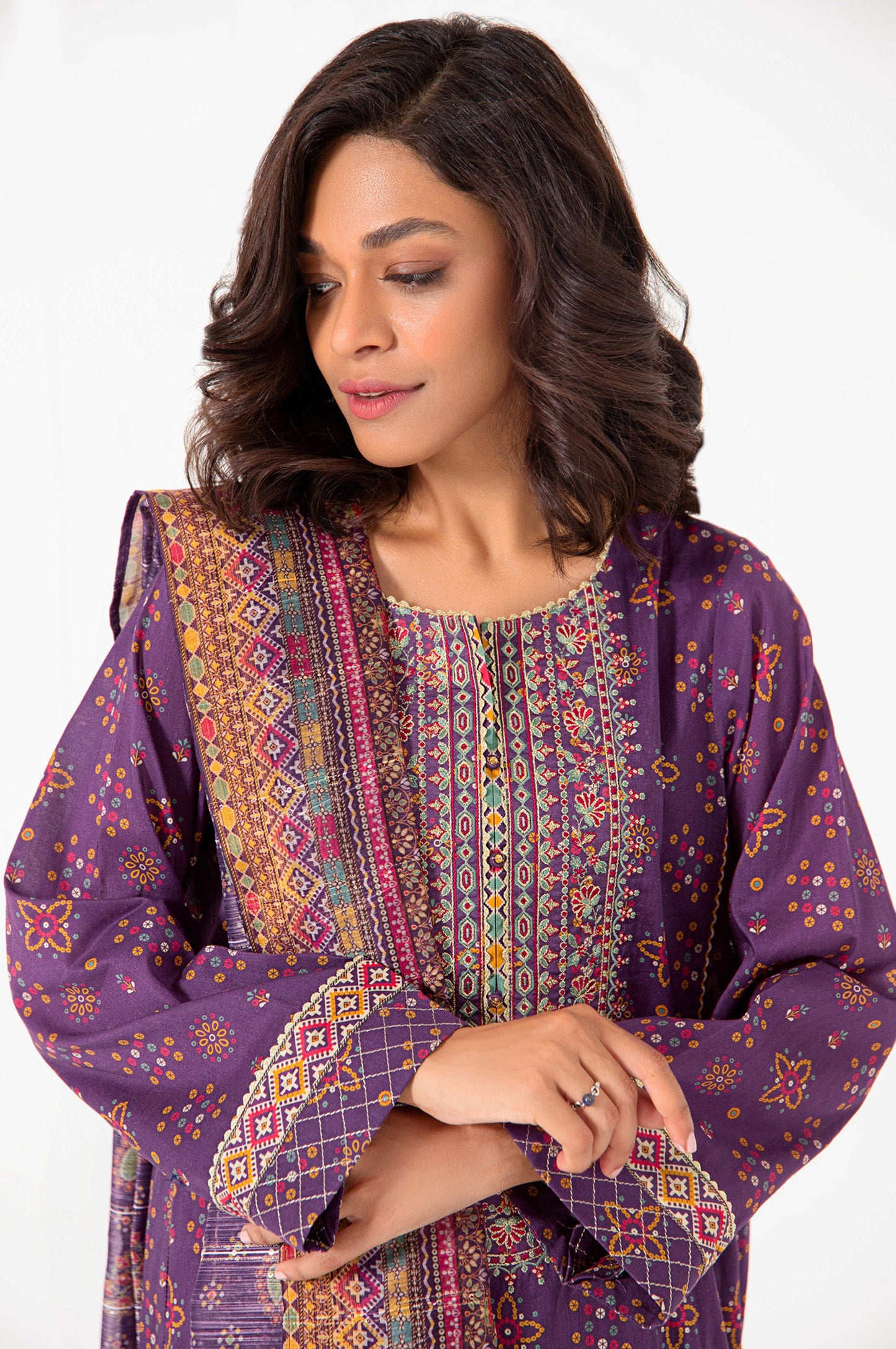 Stitched 3 Piece Embroidered Lawn with Sequins Zari Stripes Suit