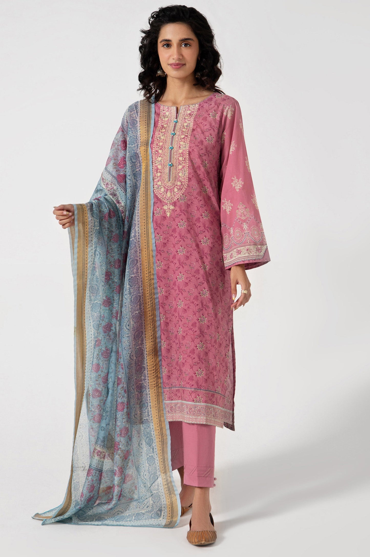 Stitched 3 Piece Embroidered Lawn with Zari Stripes Suit