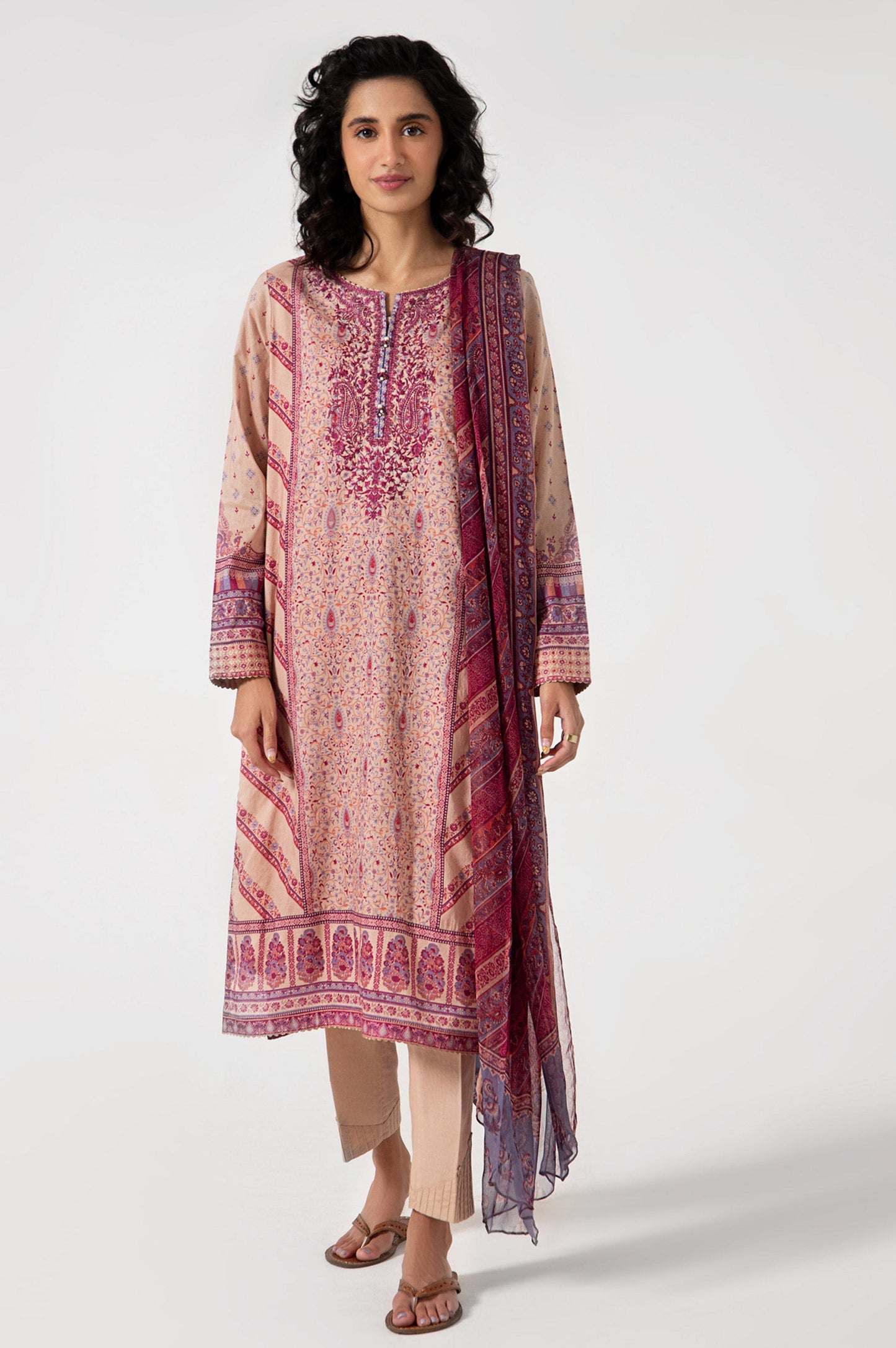 Stitched 3 Piece Embroidered Lawn with Chiffon Suit