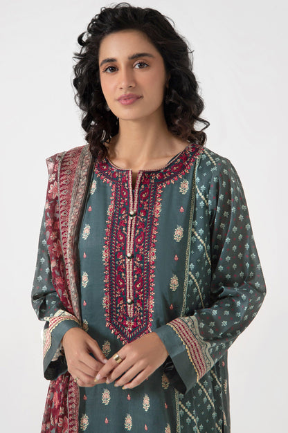 Stitched 3 Piece Embroidered Lawn with Chiffon Suit