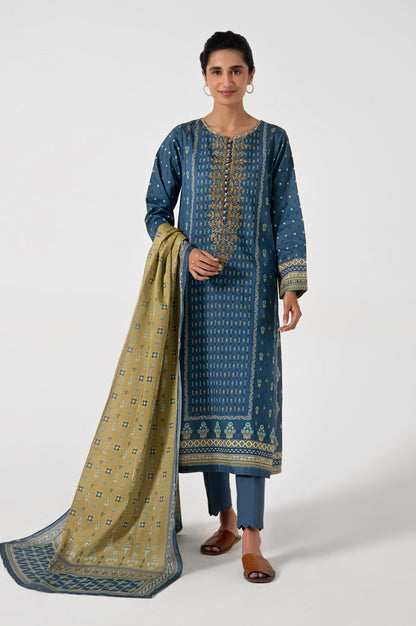 Stitched 3 Piece Embroidered Slub Lawn Suit