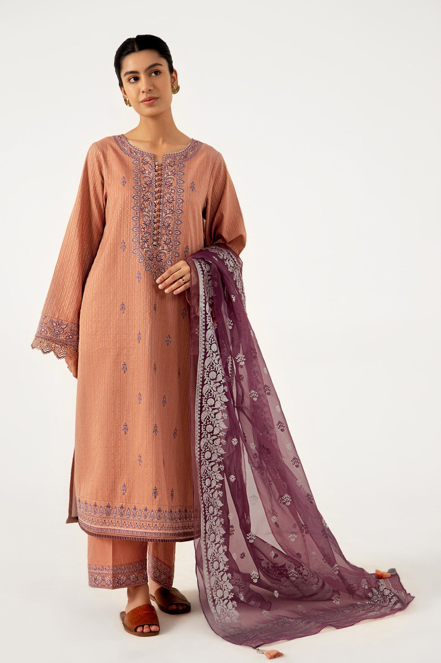 Unstitched 3 Piece Maysuri Jacquard Shirt with Foil Print Organza Dupatta