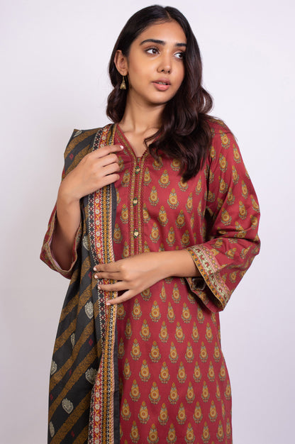 Unstitched 3 Piece Printed Cottel Suit