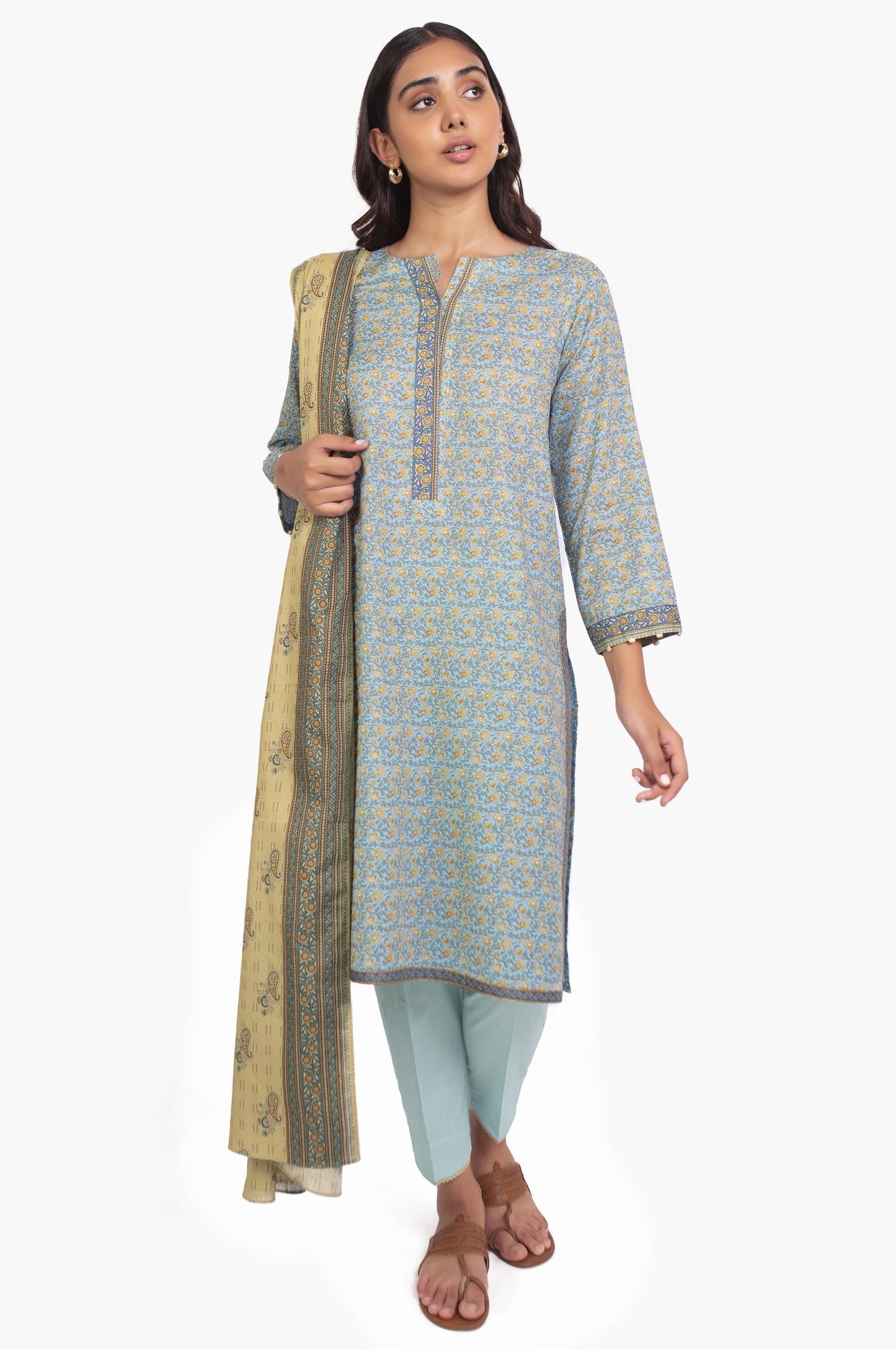 Stitched 3 Piece Printed Karandi Suit