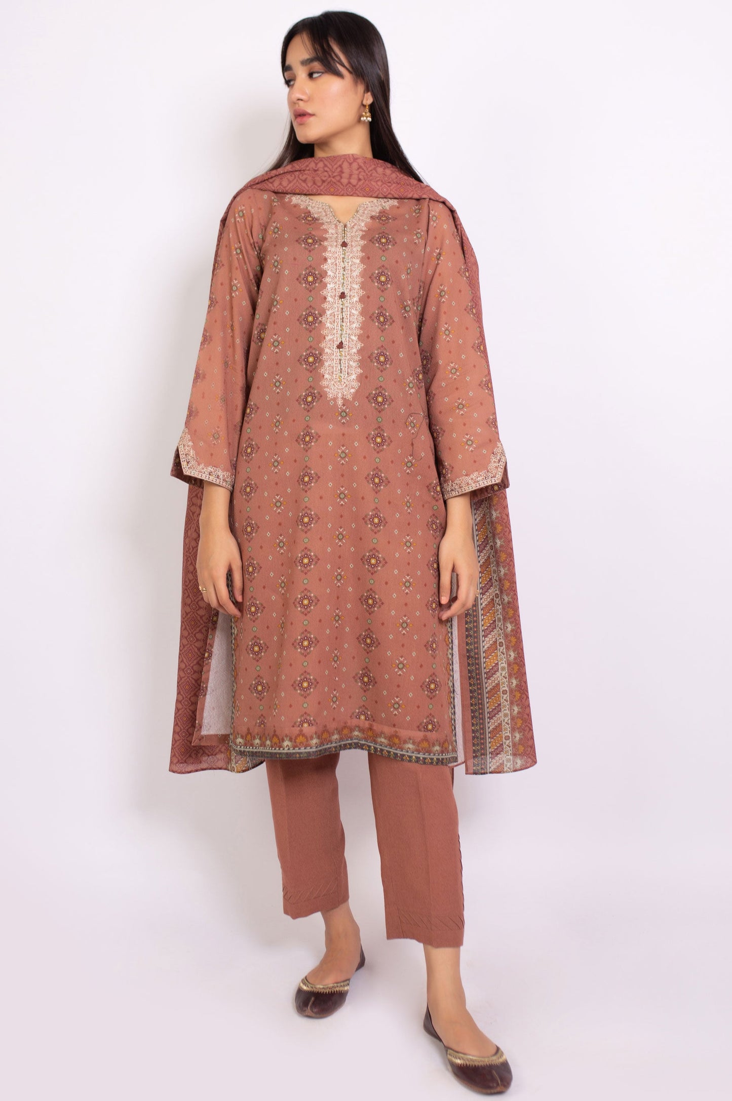 Stitched 3 Piece Embroidered Karandi Suit