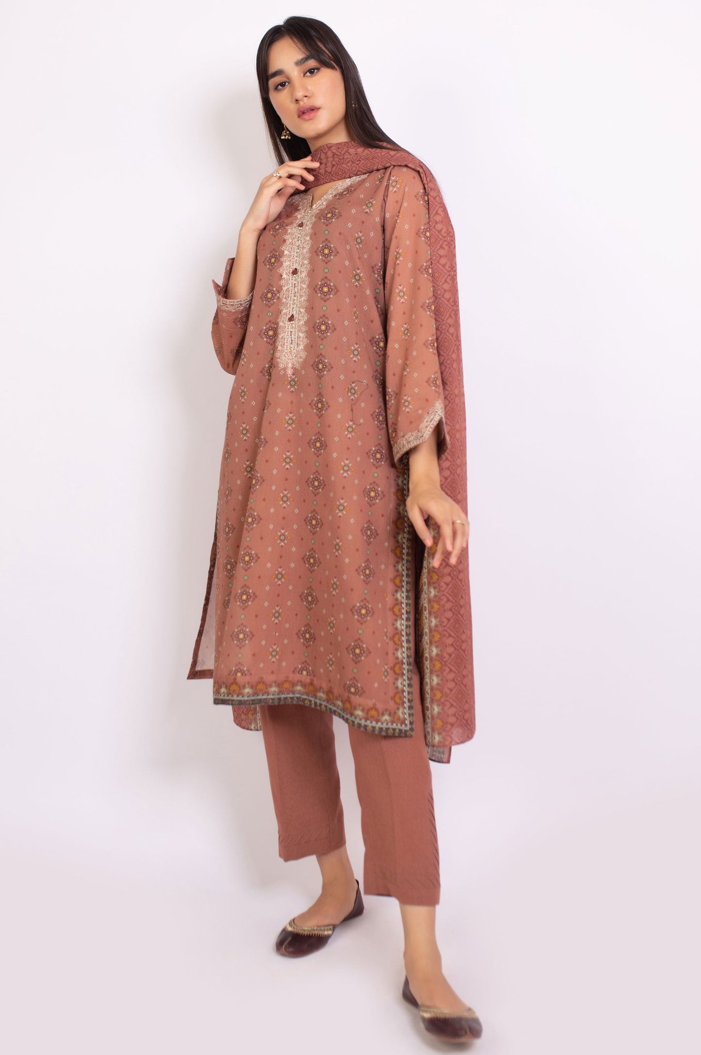 Stitched 3 Piece Embroidered Karandi Suit