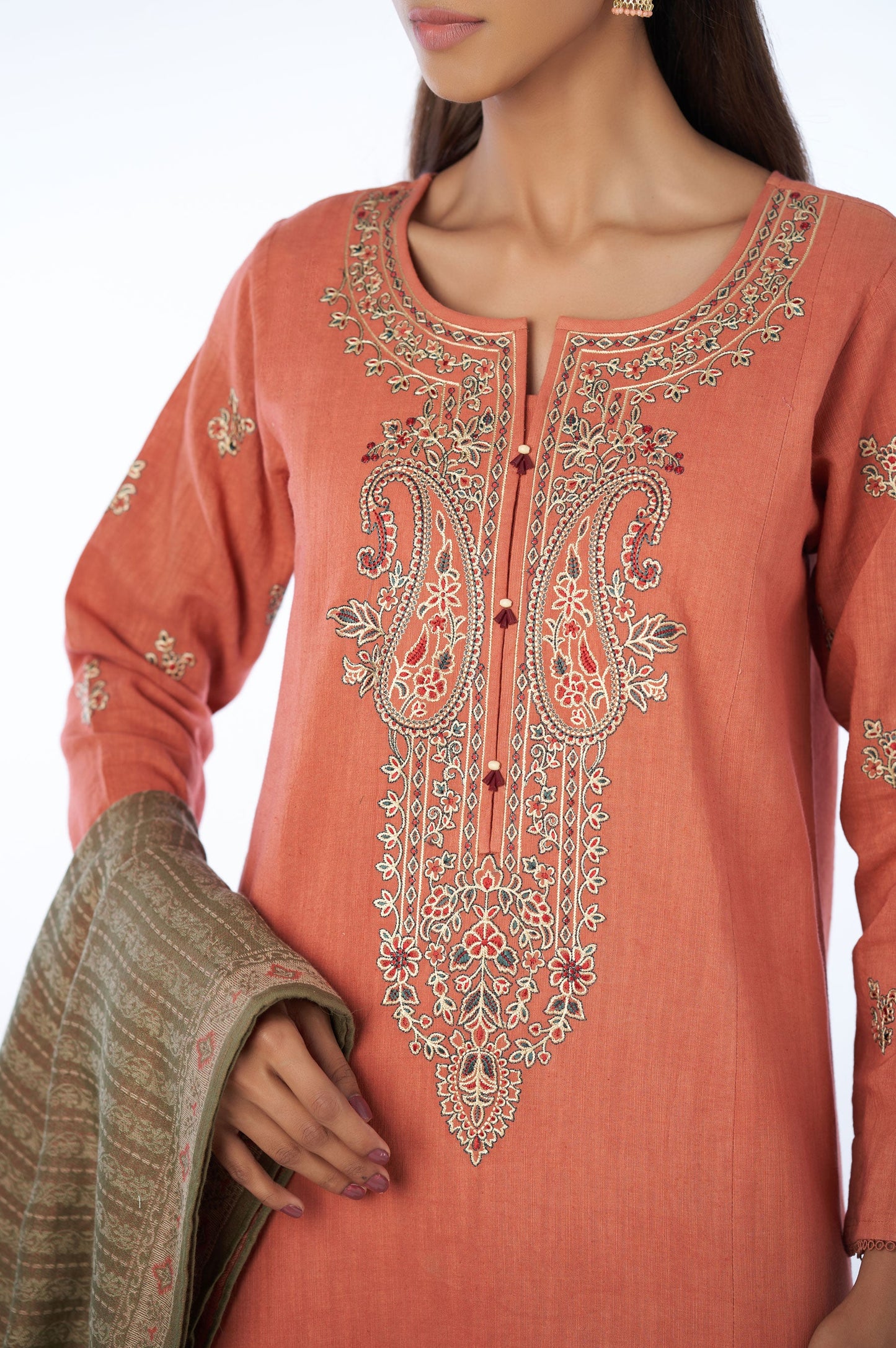 Unstitched 3 Piece Embroidered Khaddar Suit with Yarn Dyed Shawl