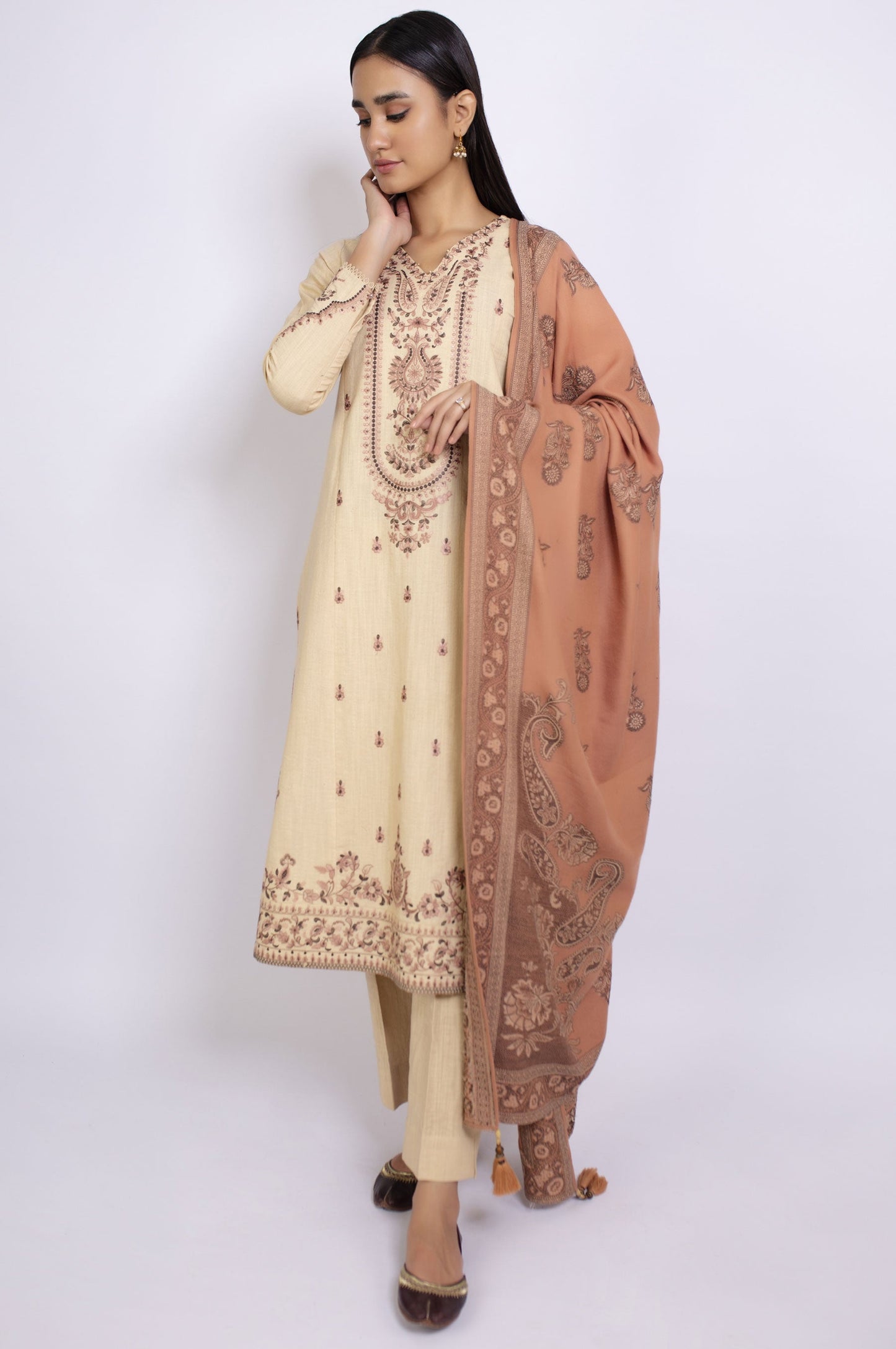 Stitched 3 Piece Embroidered Khaddar Suit