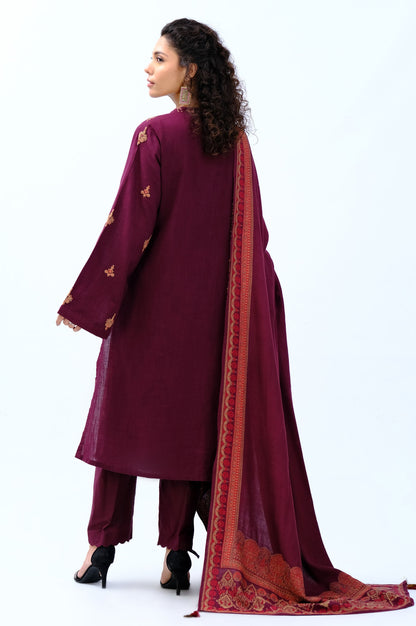 Stitched 3 Piece Embroidered Khaddar with Jacquard Shawl