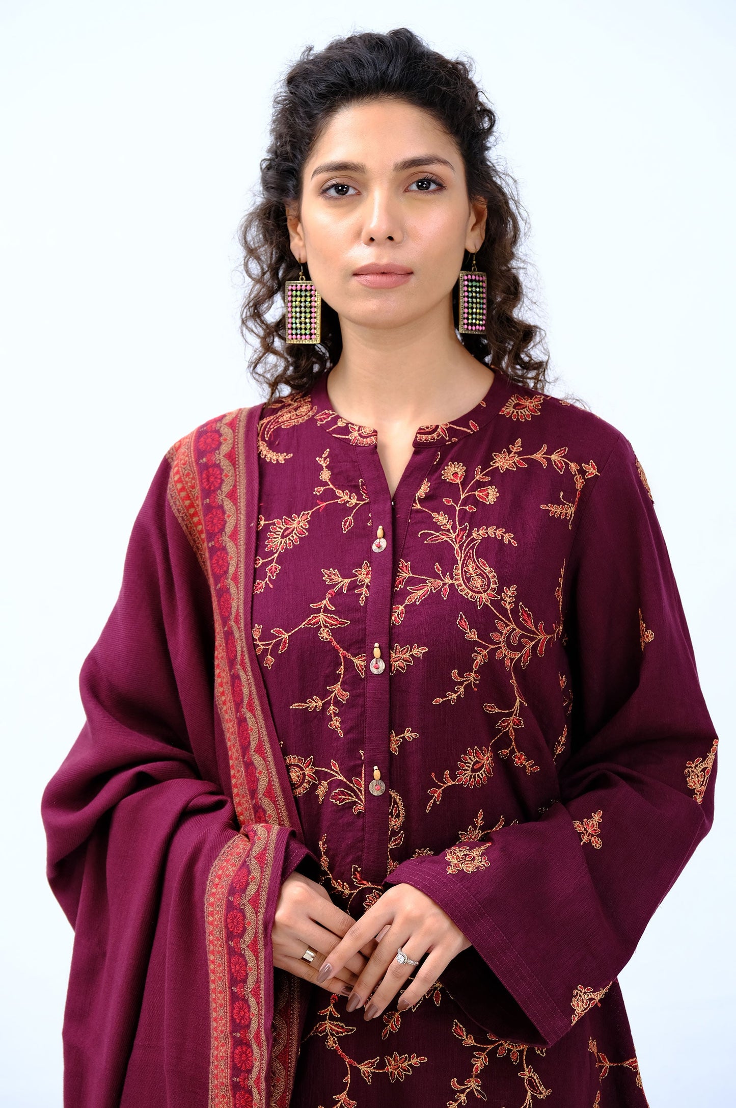 Stitched 3 Piece Embroidered Khaddar with Jacquard Shawl