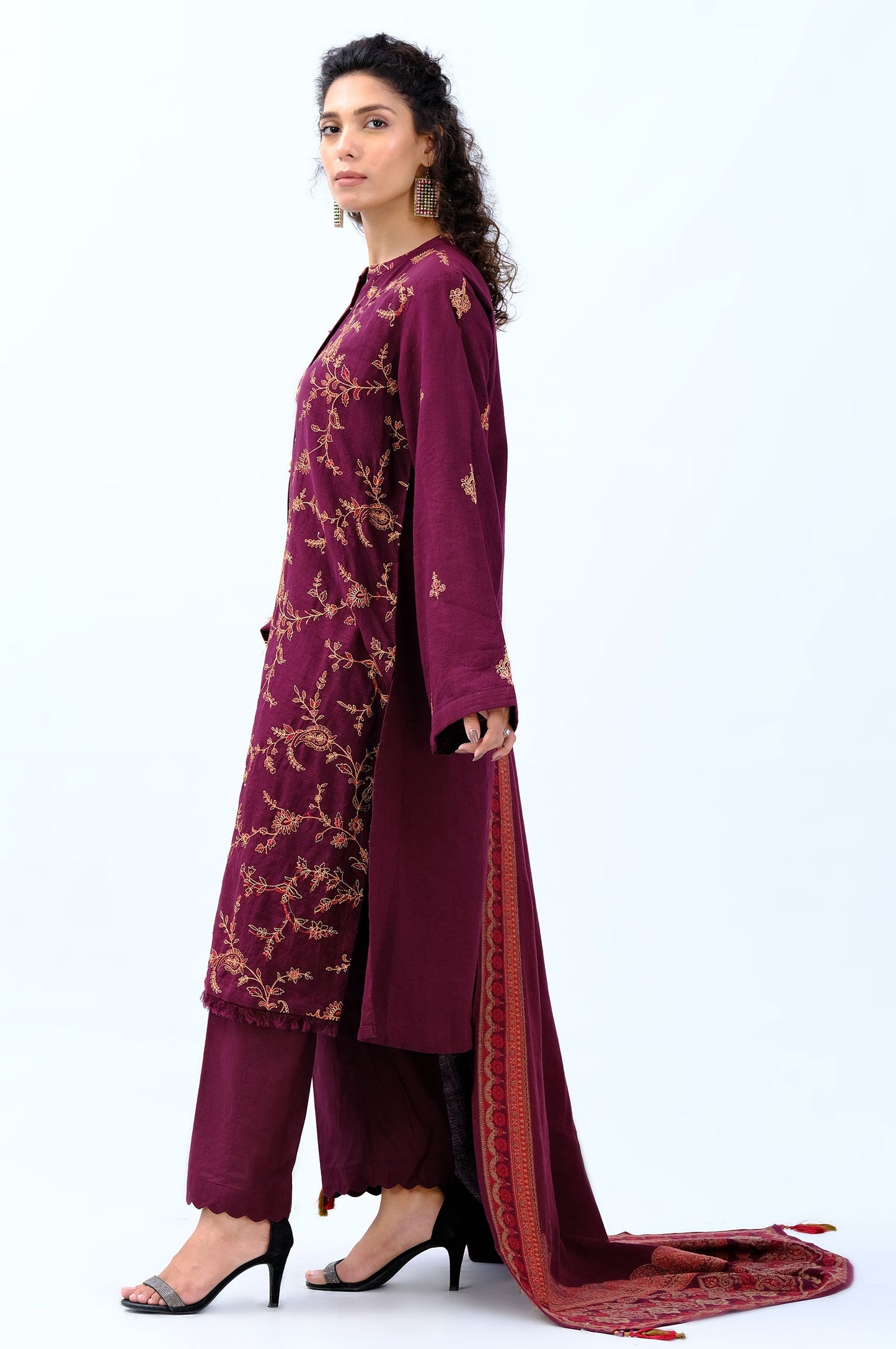 Stitched 3 Piece Embroidered Khaddar with Jacquard Shawl