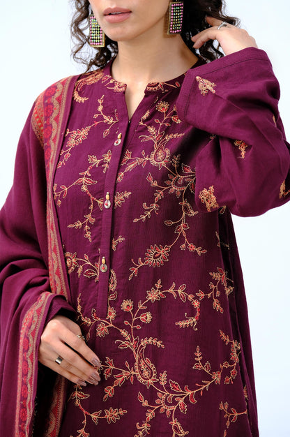 Stitched 3 Piece Embroidered Khaddar with Jacquard Shawl