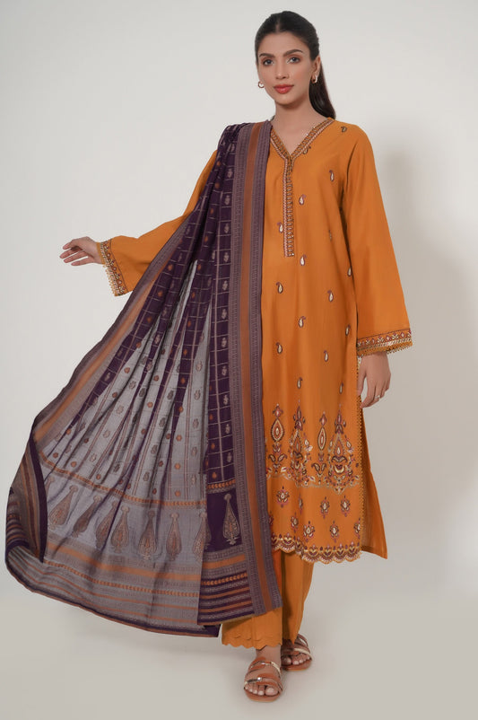 Stitched 3 Piece Embroidered Khaddar Outfit