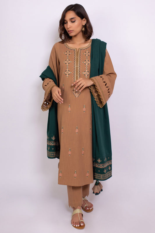 Unstitched 3 Piece Embroidered Khaddar Suit with Shawl