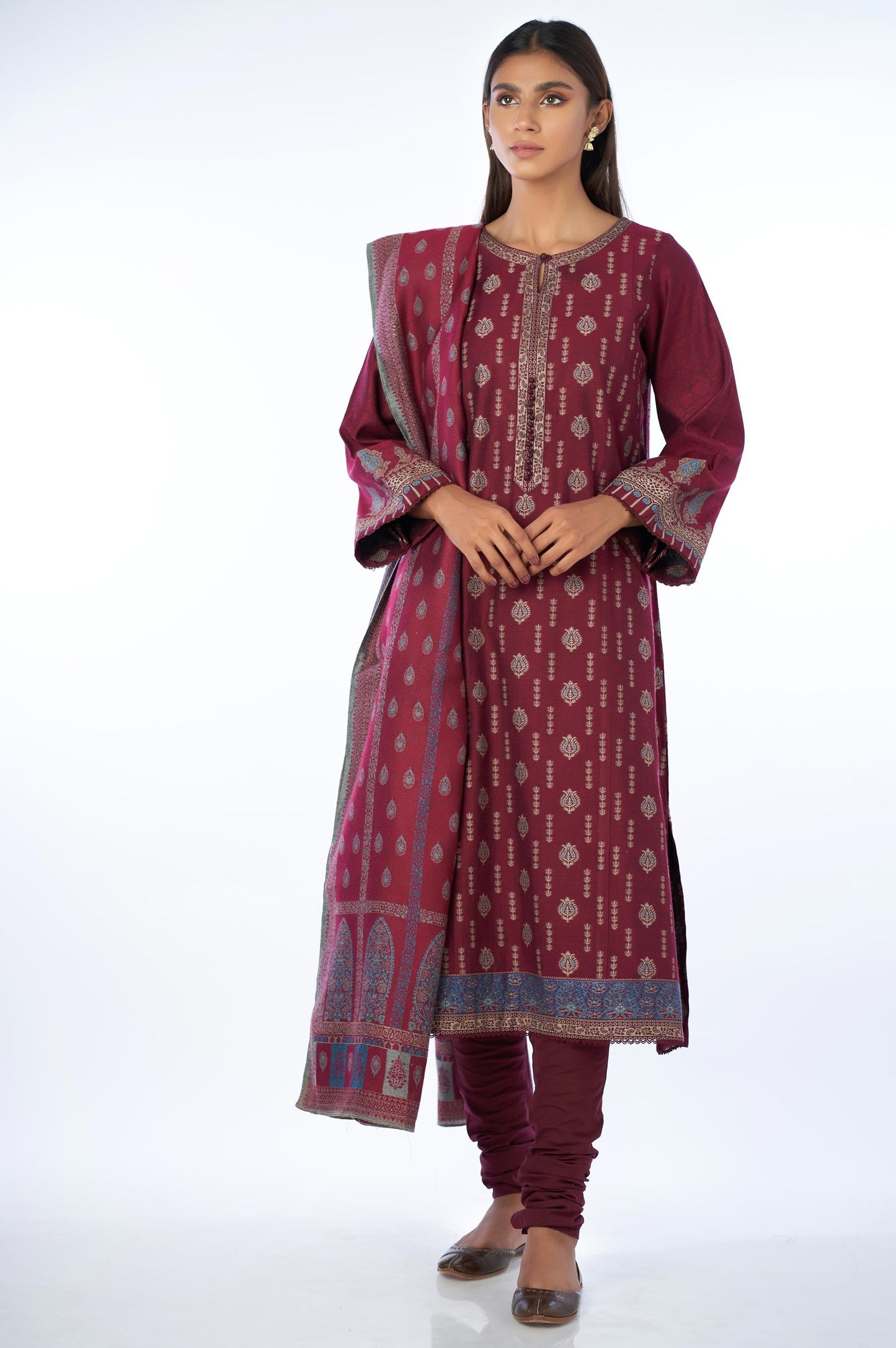 Unstitched 3 Piece Embroidered Jacquard Suit with Yarn Dyed Shawl