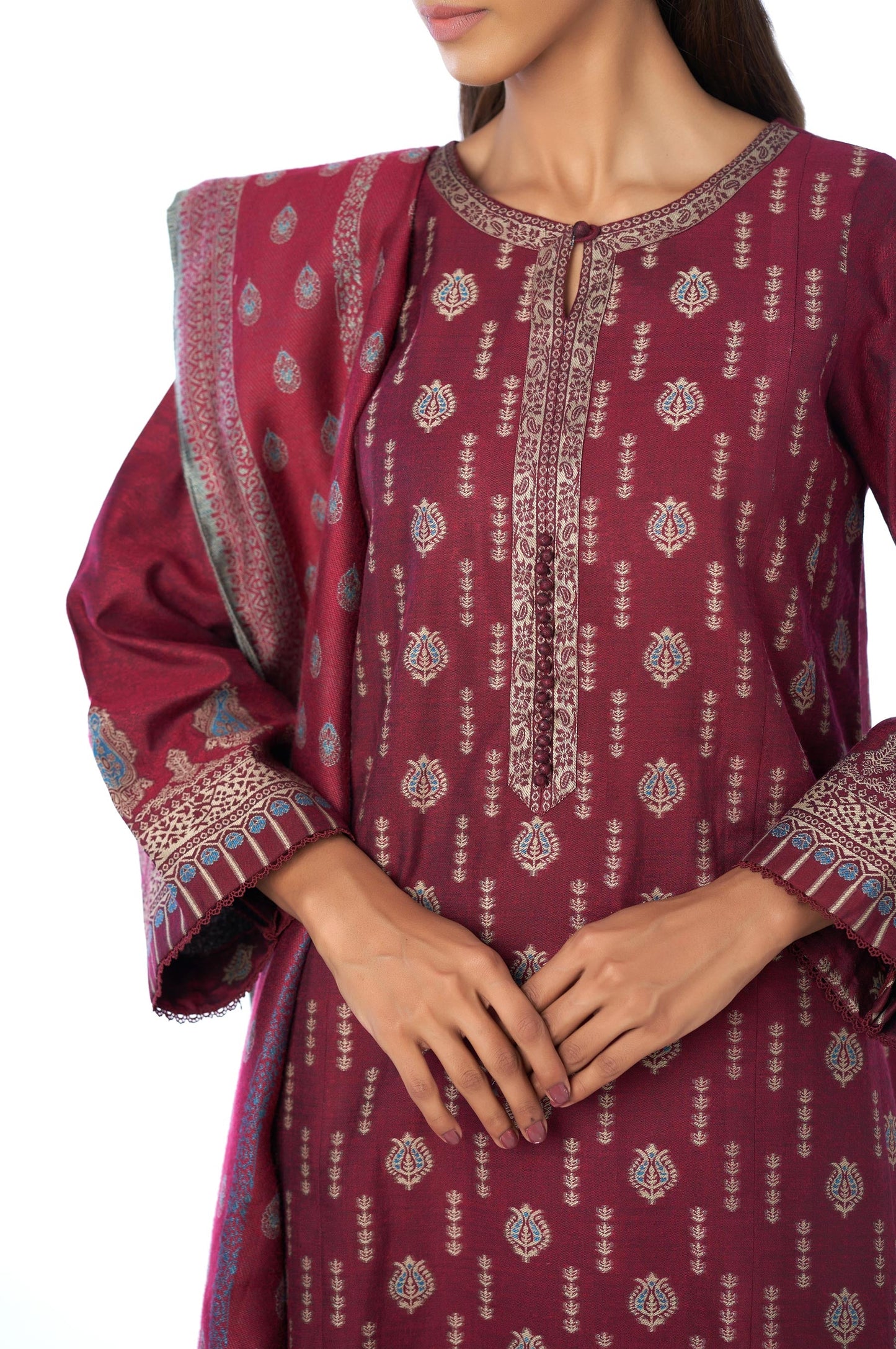 Unstitched 3 Piece Embroidered Jacquard Suit with Yarn Dyed Shawl