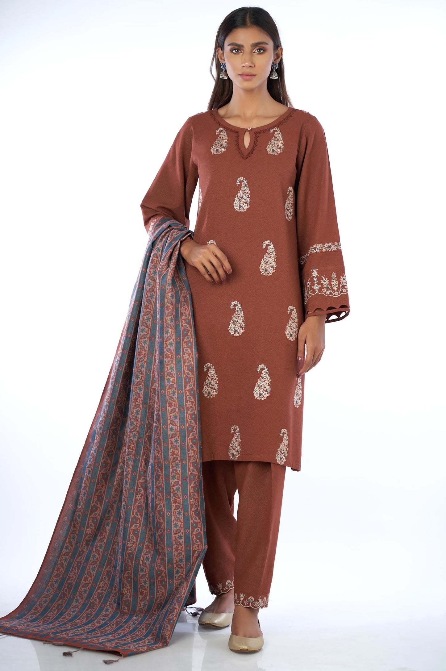 Unstitched 3 Piece Embroidered Karandi with Shawl Suit