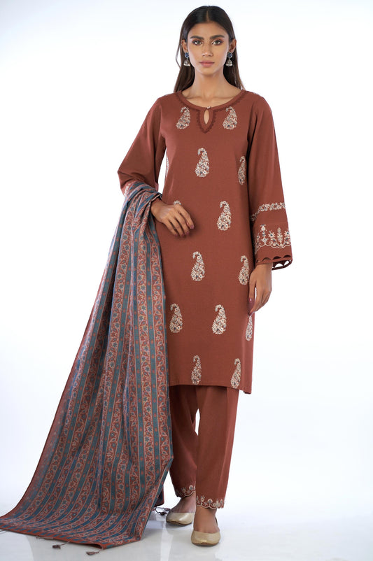 Unstitched 3 Piece Embroidered Karandi with Shawl Suit