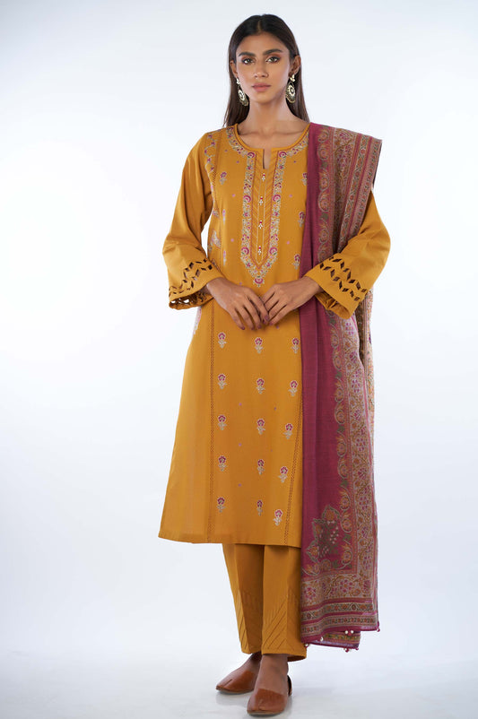 Unstitched 3 Piece Embroidered Karandi with Shawl Suit