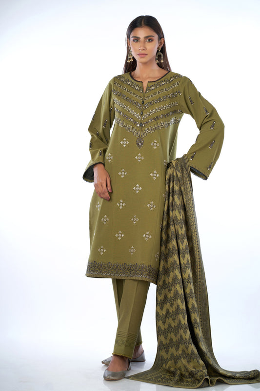Unstitched 3 Piece Embroidered Karandi Suit with Shawl