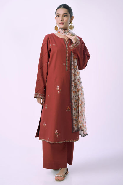 Stitched 3 Piece Embroidered Cambric with Chiffon Dupatta