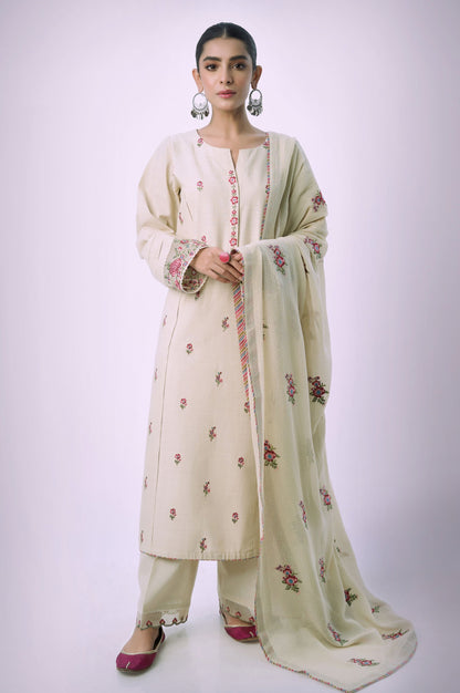 Unstitched 3 Piece Embroidered Textured Slub Suit
