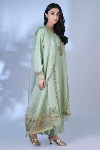 Unstitched 3 Piece Embroidered Raw Silk Suit
