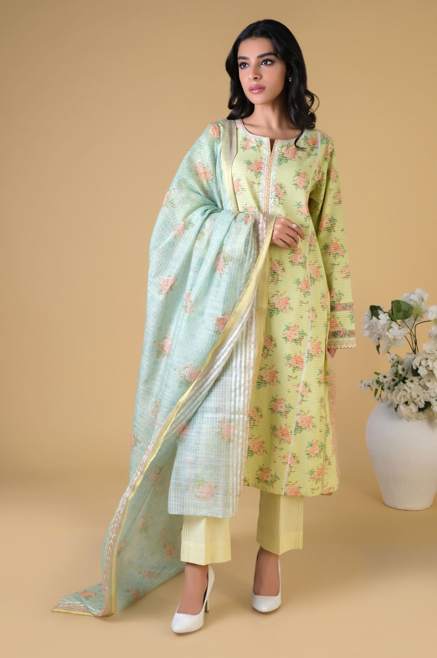 Stitched 3 Piece Printed Dobby Lawn Suit