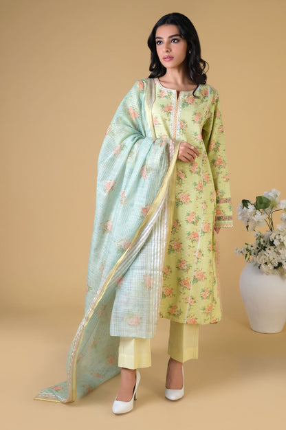 Stitched 3 Piece Printed Dobby Lawn Suit