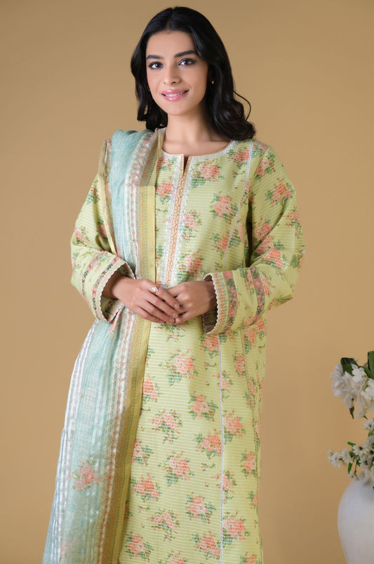 Stitched 3 Piece Printed Dobby Lawn Suit