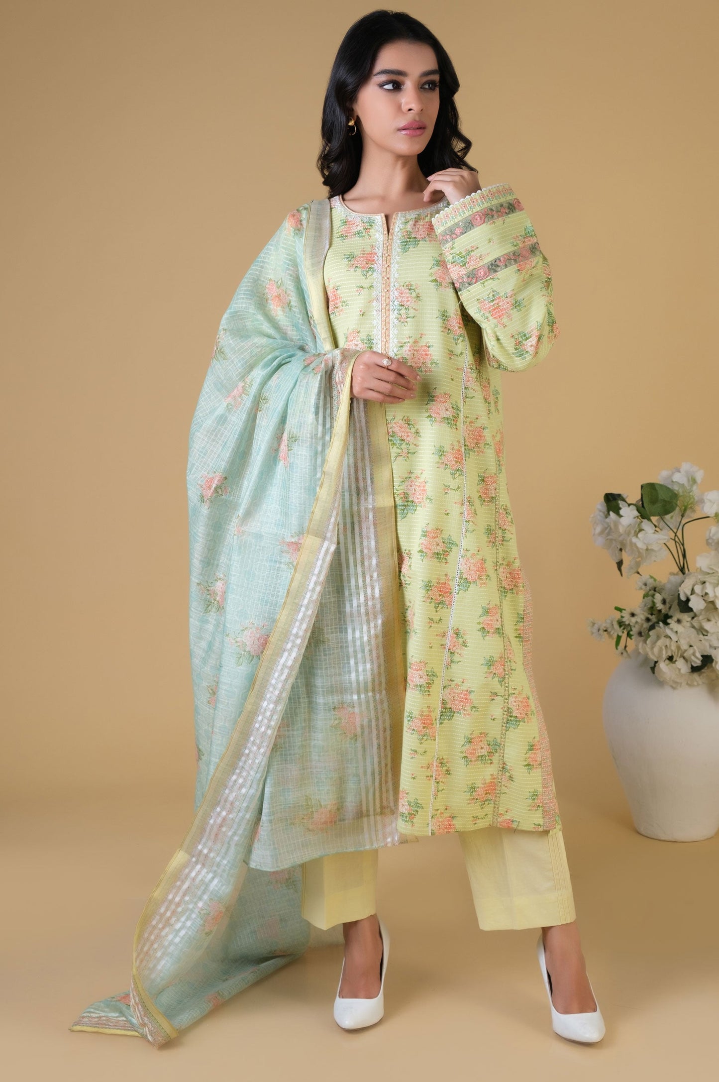 Stitched 3 Piece Printed Dobby Lawn Suit