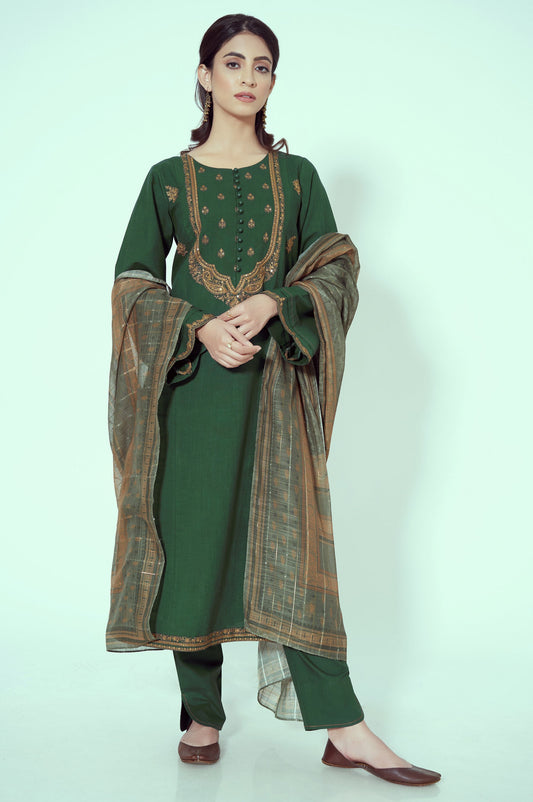 Stitched 3 Piece Embroidered Textured Slub