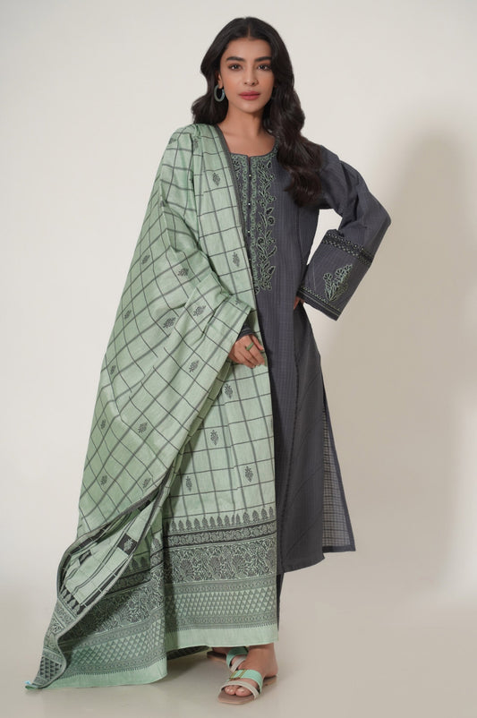 Unstitched 3 Piece Embroidered Textured Slub Suit