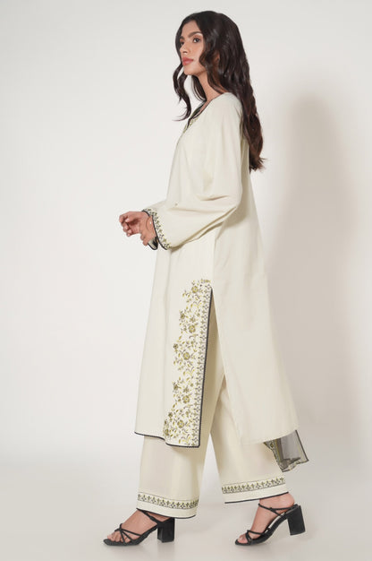 Stitched 3 Piece Embroidered Slub Cambric Suit