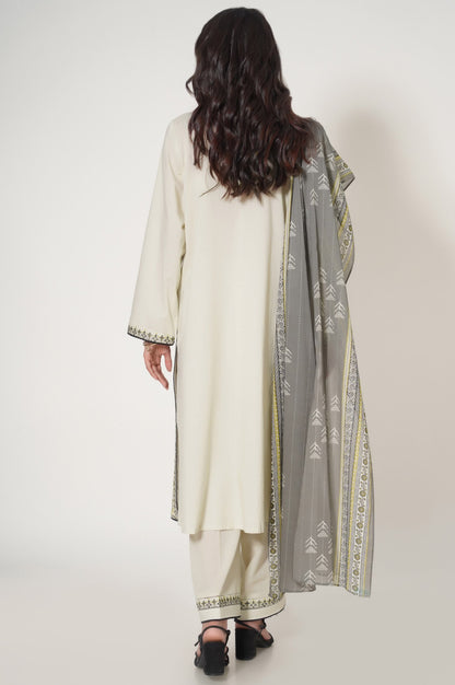 Stitched 3 Piece Embroidered Slub Cambric Suit