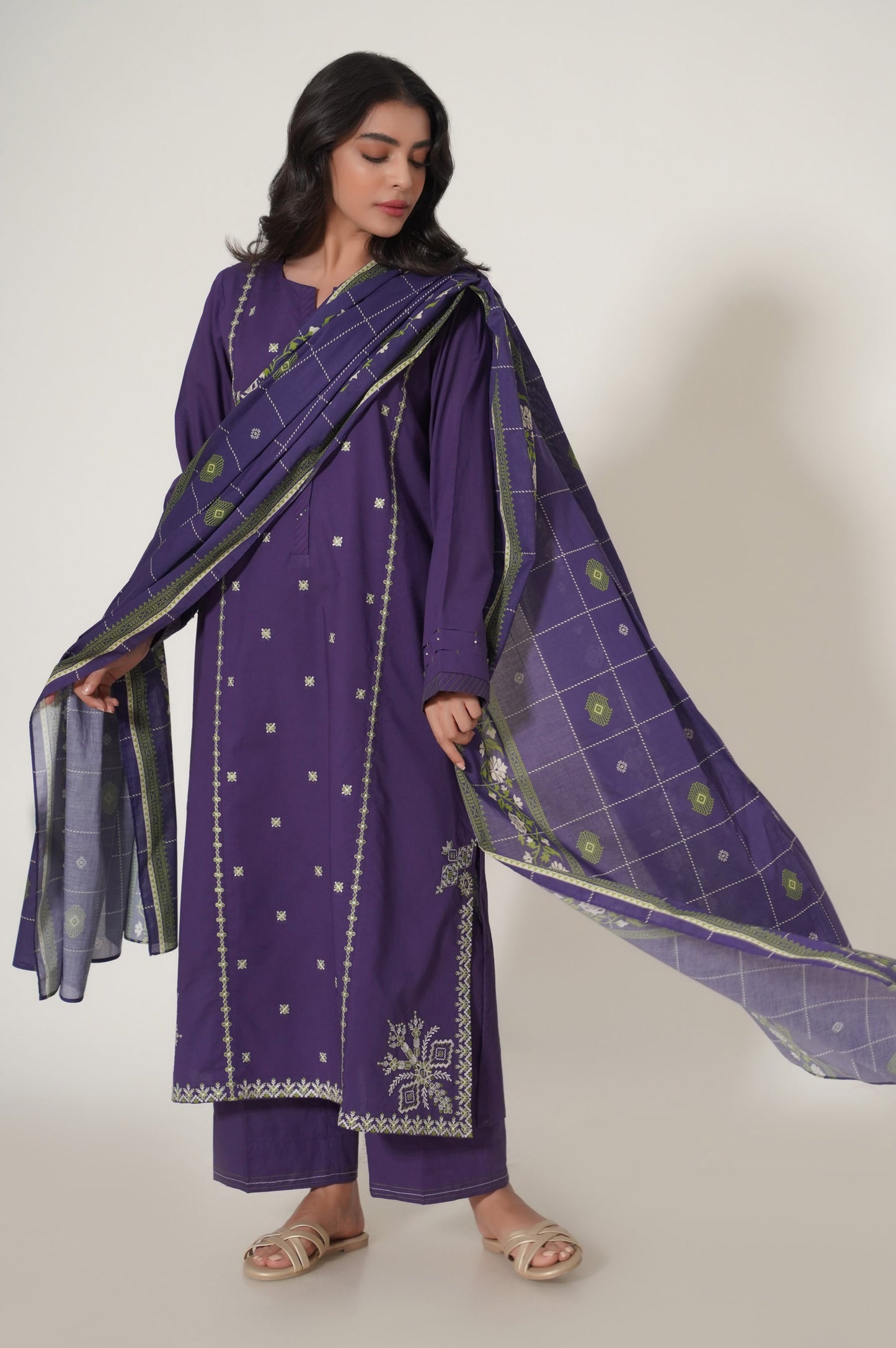 Unstitch 3 Piece Embroidered Slub Cambric Suit