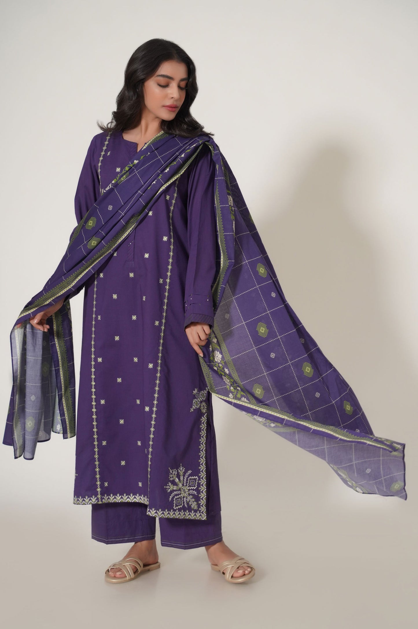 Stitched 3 Piece Embroidered Slub Cambric Suit