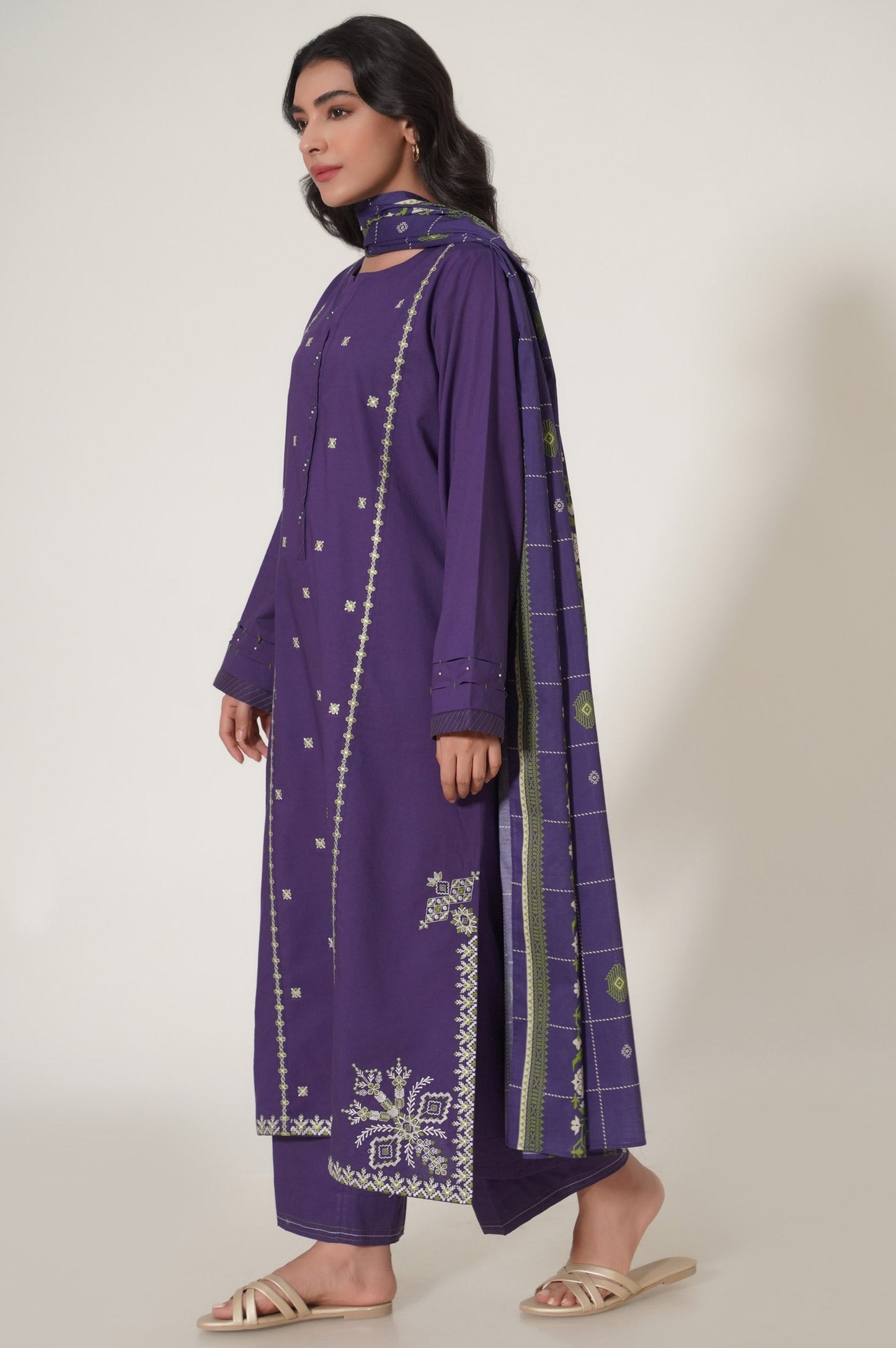 Unstitch 3 Piece Embroidered Slub Cambric Suit