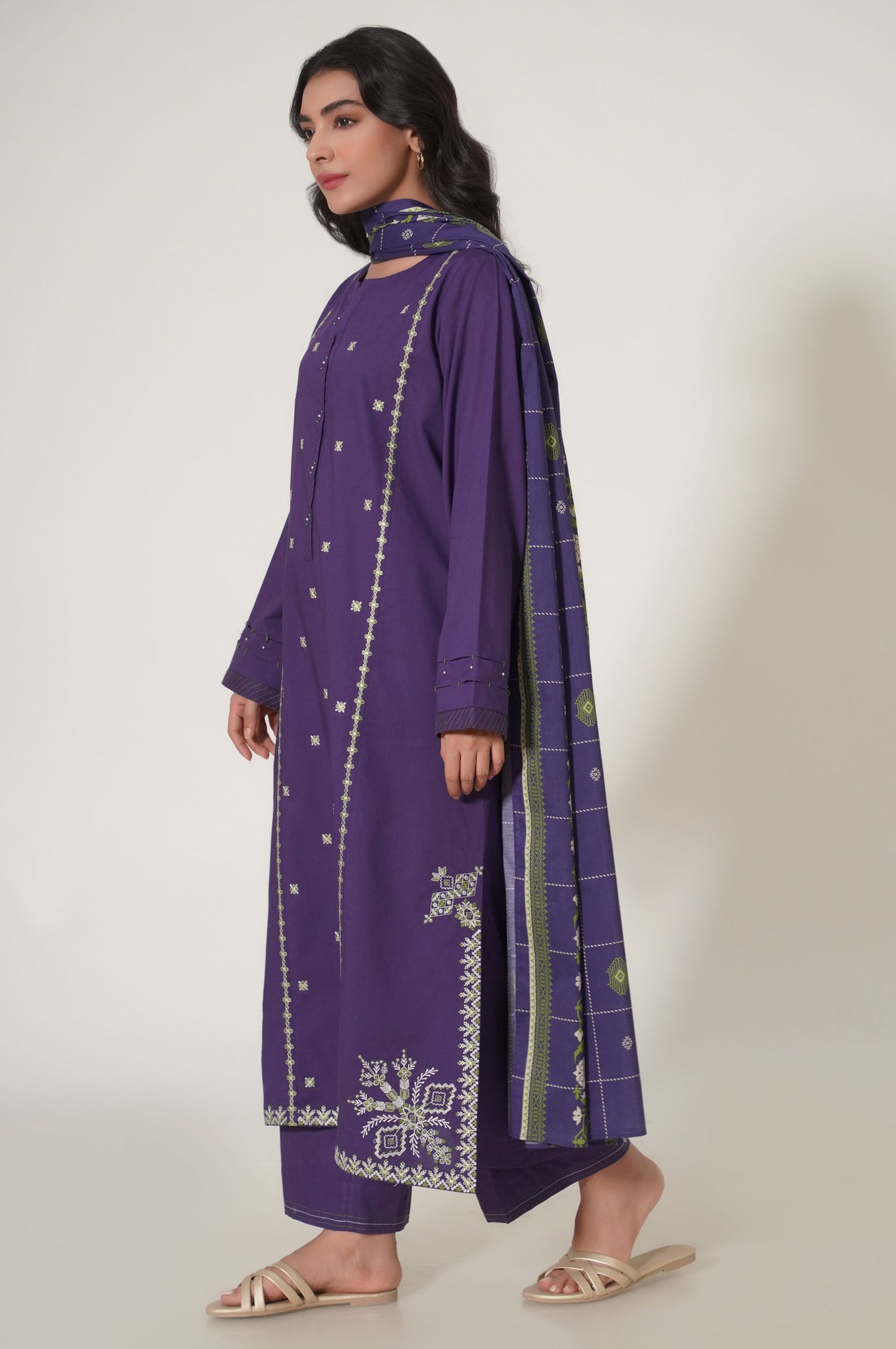 Stitched 3 Piece Embroidered Slub Cambric Suit