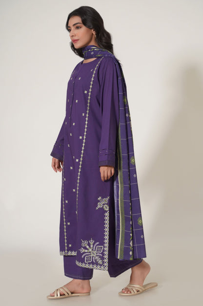 Stitched 3 Piece Embroidered Slub Cambric Suit