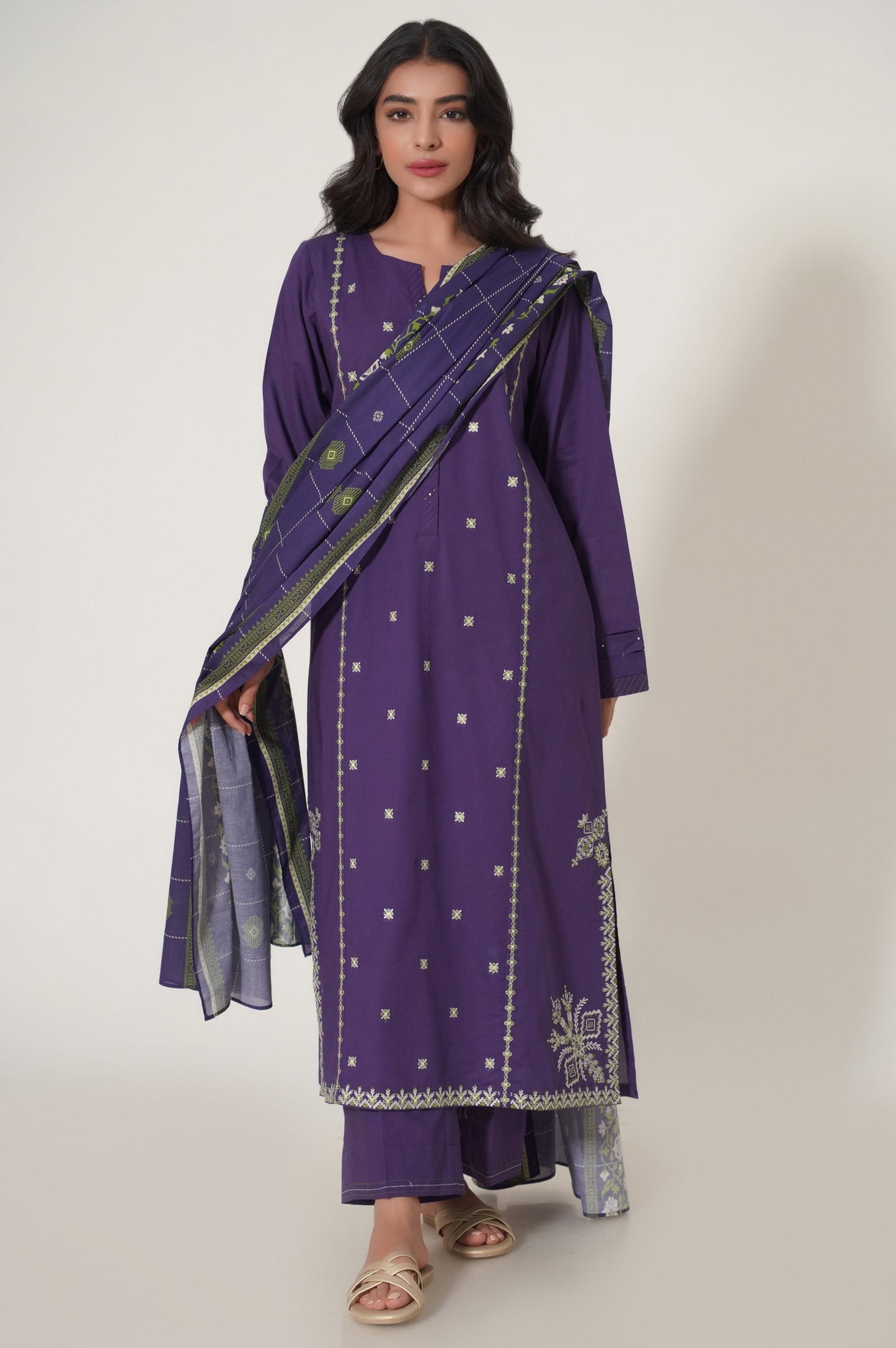 Unstitch 3 Piece Embroidered Slub Cambric Suit