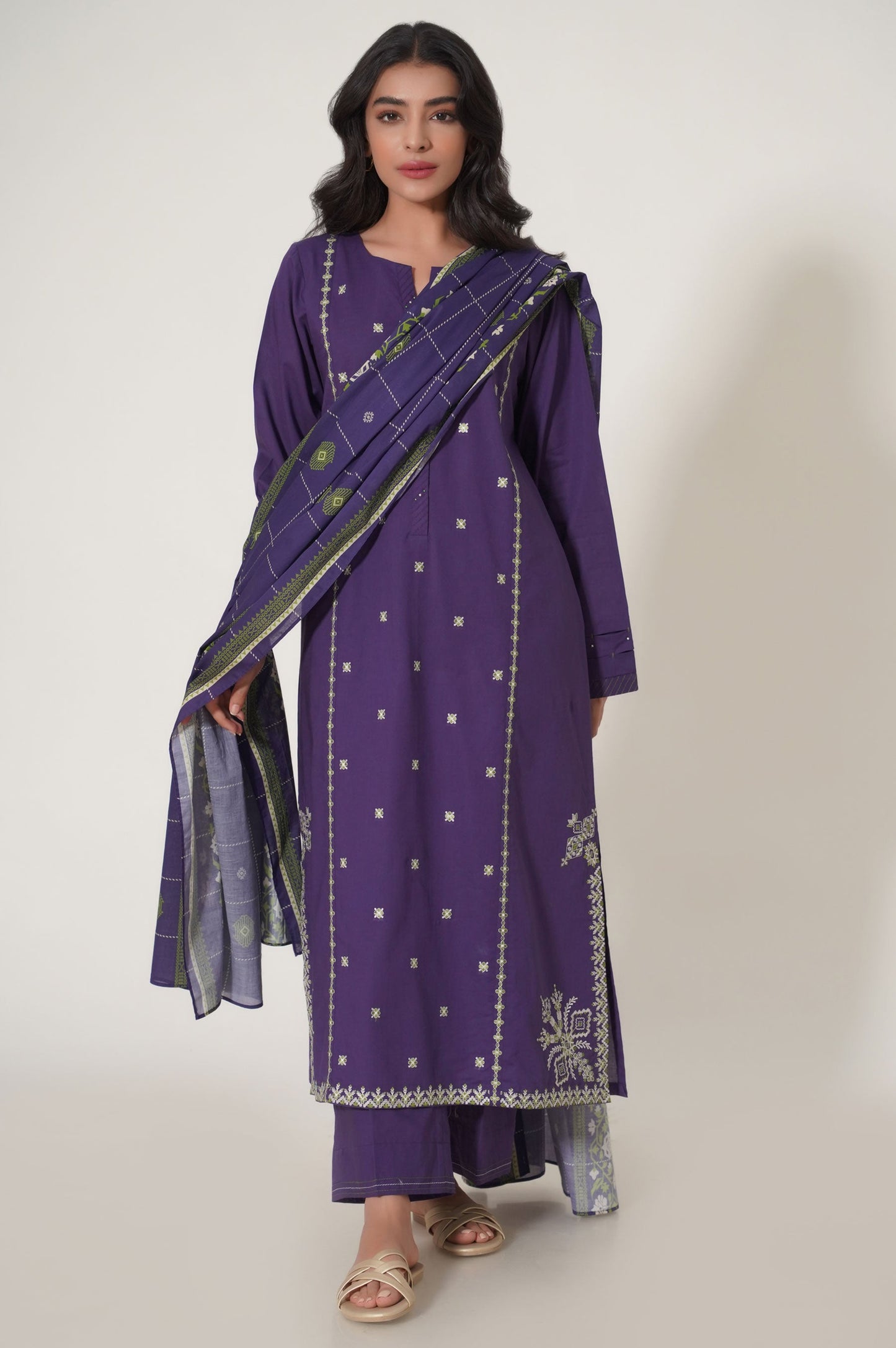 Stitched 3 Piece Embroidered Slub Cambric Suit