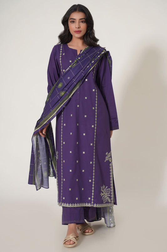 Stitched 3 Piece Embroidered Slub Cambric Suit