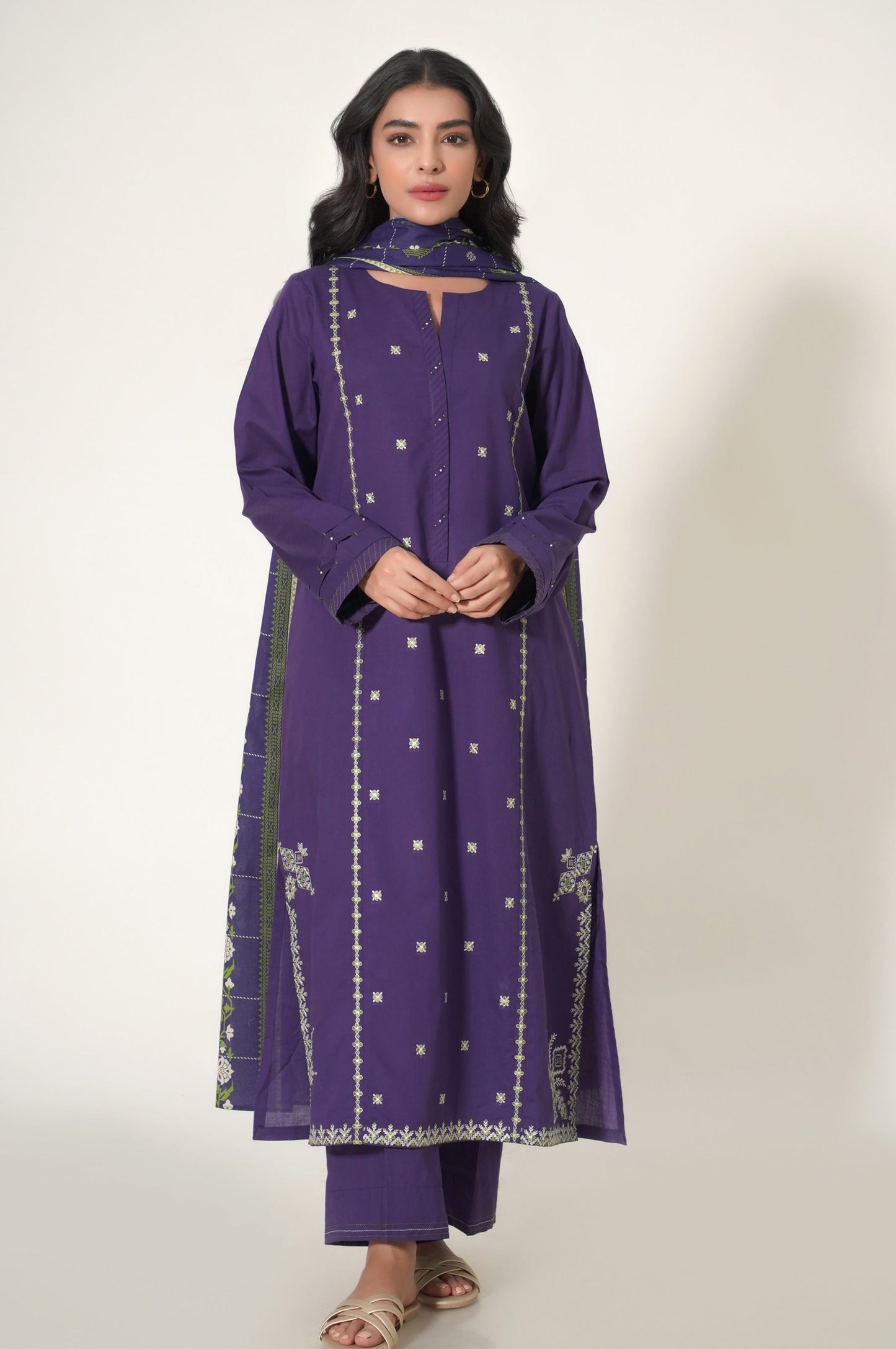 Unstitch 3 Piece Embroidered Slub Cambric Suit