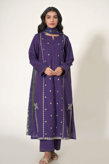 Stitched 3 Piece Embroidered Slub Cambric Suit