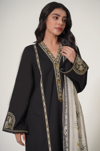 Stitched 3 Piece Embroidered Slub Cambric Suit