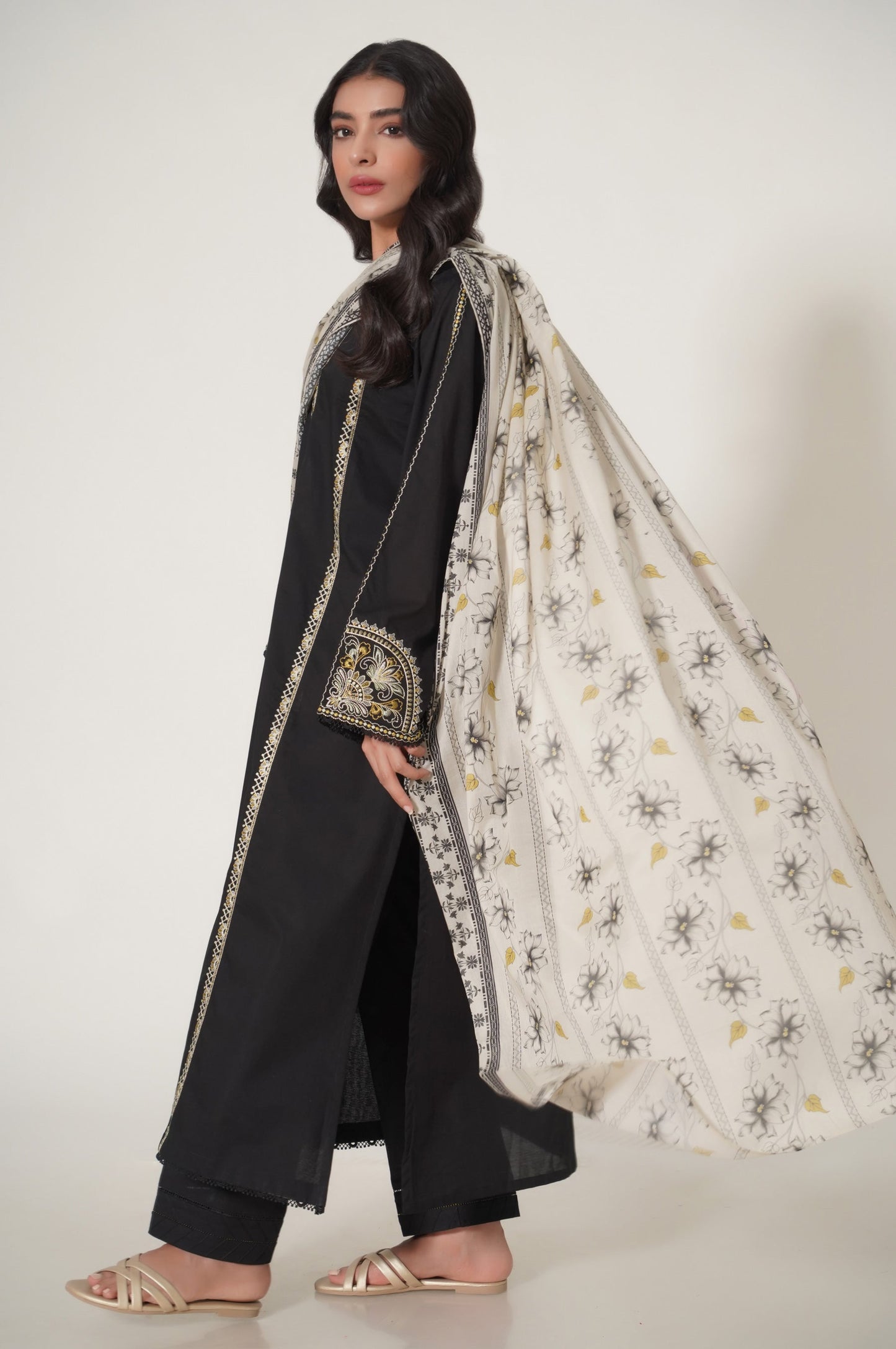 Stitched 3 Piece Embroidered Slub Cambric Suit